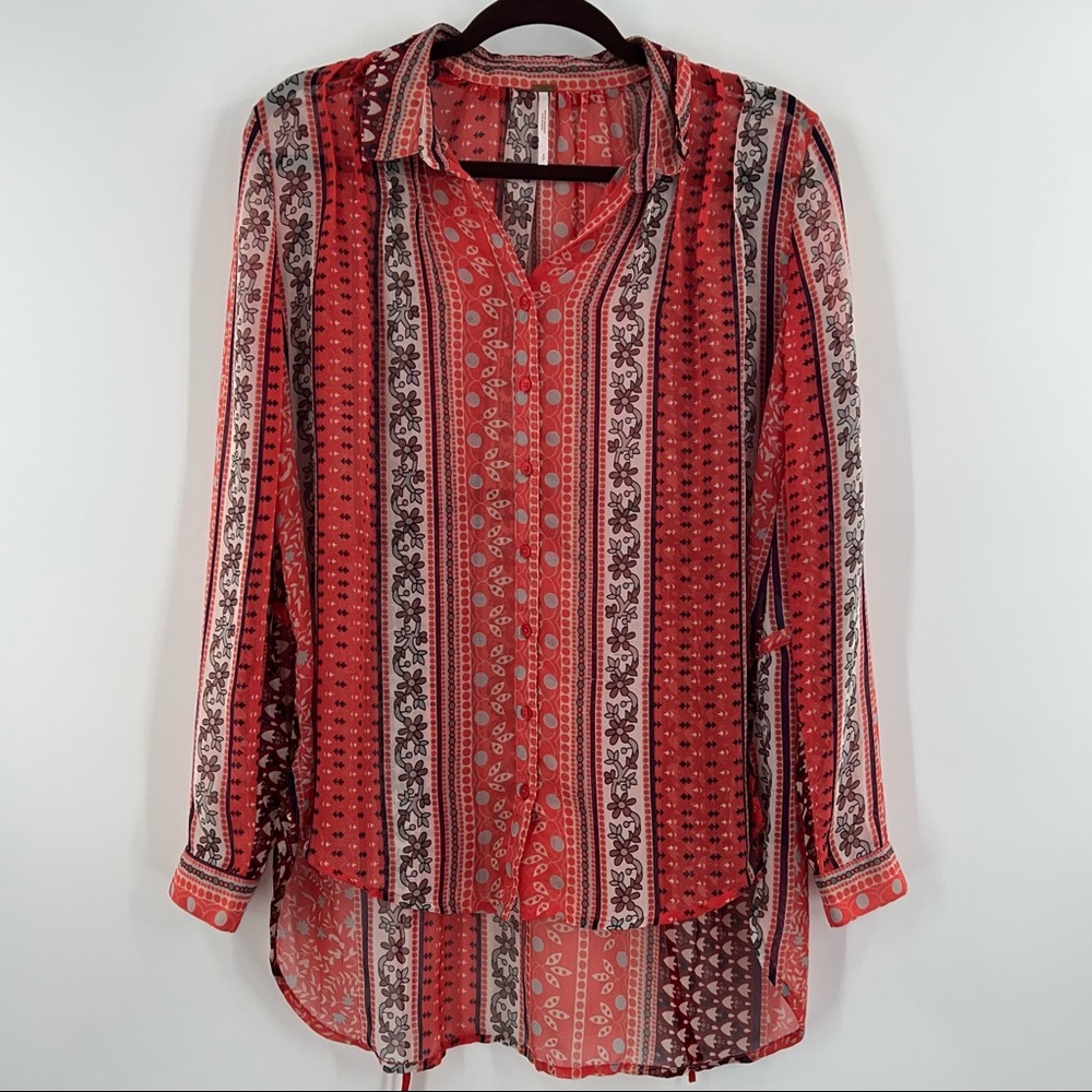 Free People Moonlight Mile Mixed-Print Top in Hot Coral Combo - Picture 3 of 8